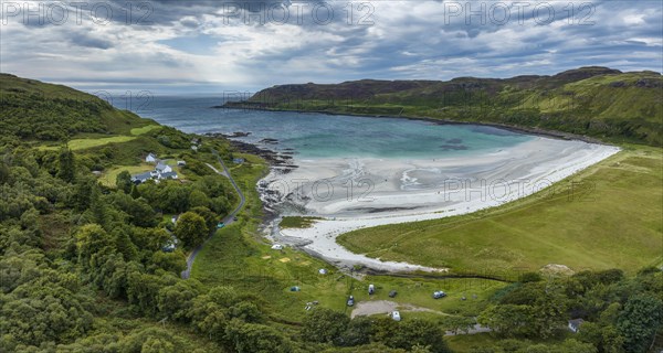 Aerial panorama of Calgary Beach sandy beach with campsite in Calgary Bay