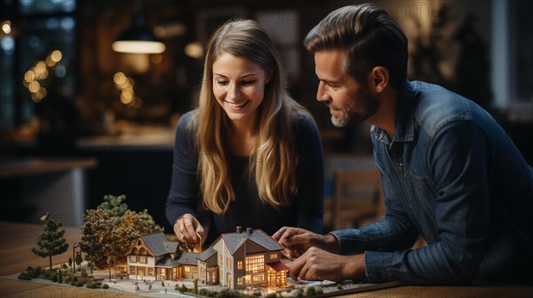 Young adult couple discussing A new housing development model on the table in front of them. generative AI