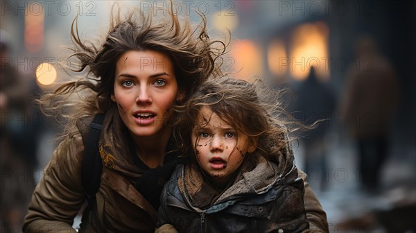 Frightened mother and young child daughter running in the streets of their war ravaged city. generative AI