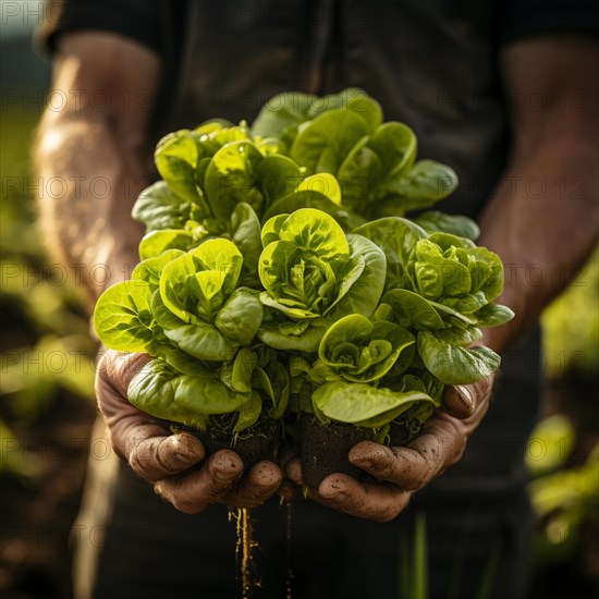 Green lettuce is harvested by a farmer