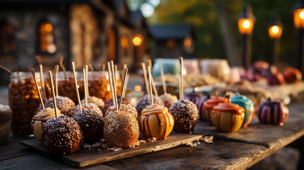 Variety of delicious candy apples on the table outside. generative AI