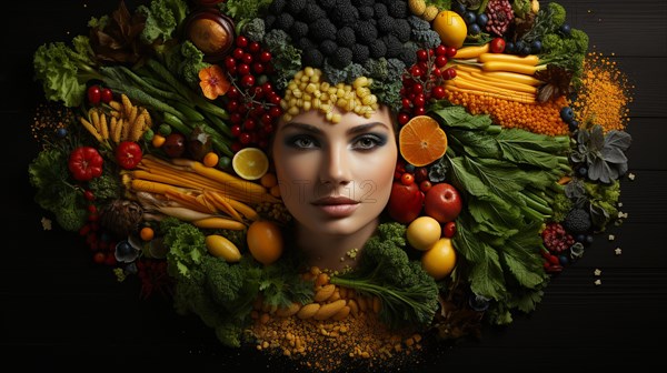 Headshot portrait of healthy woman surrounded by and partially made of fruits and vegetables