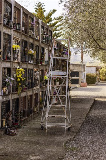 Wall with graves and ladder with wheels in a cemetery