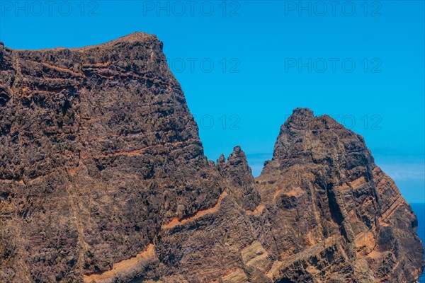 Landscape of the rock formations at Ponta de Sao Lourenco and the sea