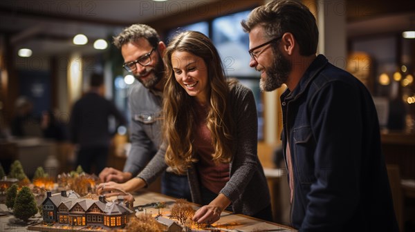 Real estate agent discussing with a young adult couple A new housing development model on the table in front of them. generative AI