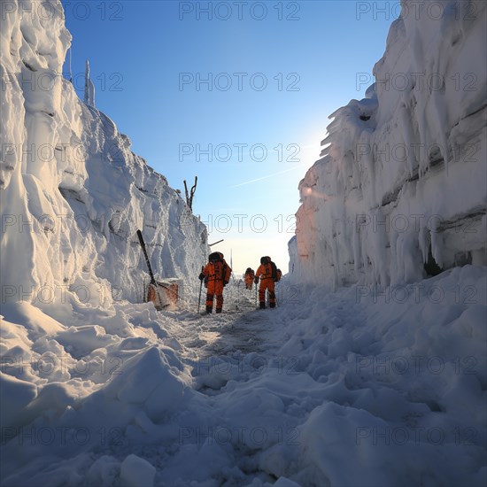 Helpers use evacuation aids to search for people buried in an avalanche