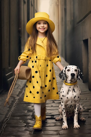 Eight years old girl wearing a yellow raincoat and hat walking in a street side by side with a Dalmatian dog