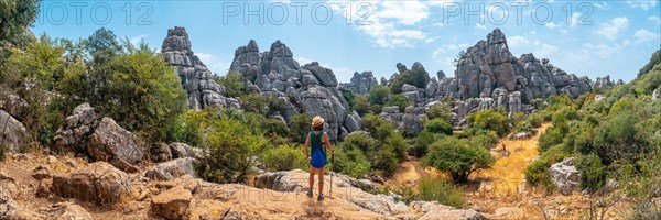Panoramic of stones with beautiful shapes in the Torcal de Antequera on the green trail