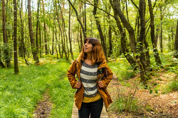 A young girl on the wooden footpath at Lake Paimpont in the Broceliande forest