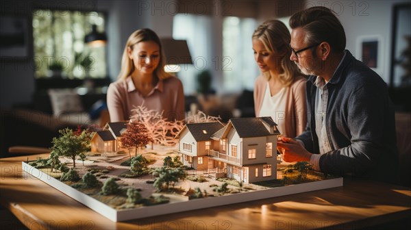 Real estate agent discussing with a young adult couple A new housing development model on the table in front of them. generative AI