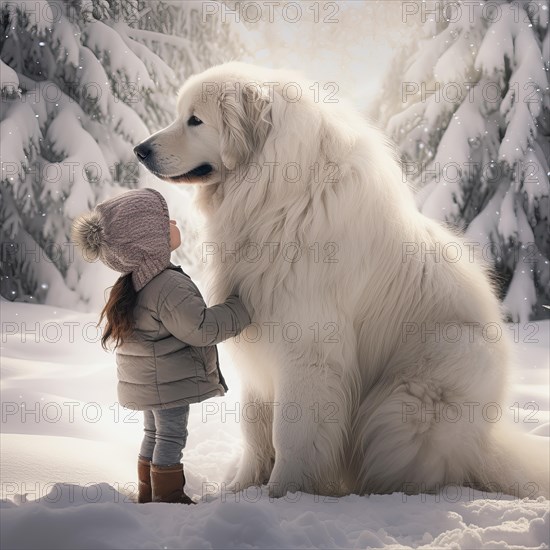 Three years old girl wearing winter clothes petting a huge white great Pyrenees Mountain dog in a snowy forest