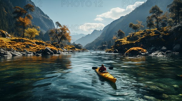 Kayaker paddling along a beautiful calm mountain river. generative AI