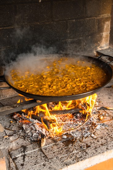 Cooking the rice of the Valencian paella with embers and vegetables. Traditional Spanish food