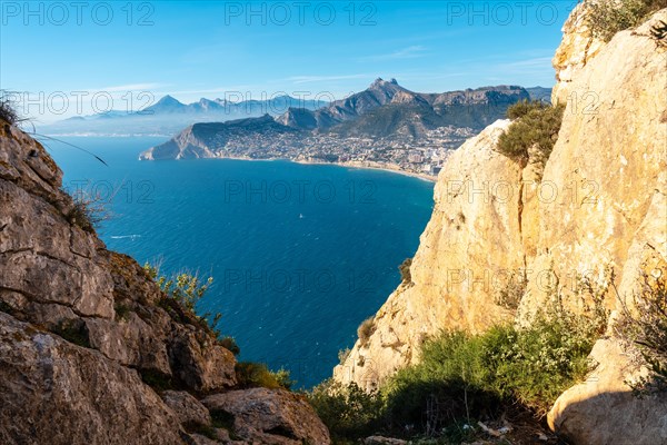 View of the Cantal Roig beach from the top in the Penon de Ifach Natural Park in the city of Calpe