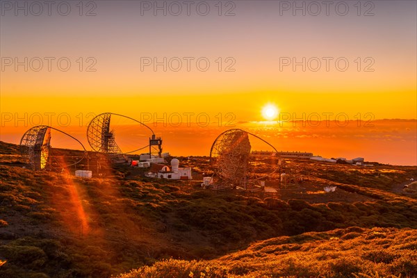 The new astronomical observatory of the Caldera de Taburiente in a beautiful orange sunset