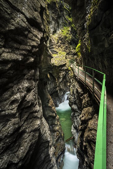 The Breitachklamm gorge with the Breitach river in autumn at a narrow point. High rock walls on both sides