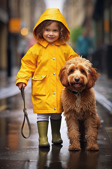 Pretty three years old girl wearing a yellow raincoat walking with a Labradoodle in an urban environment