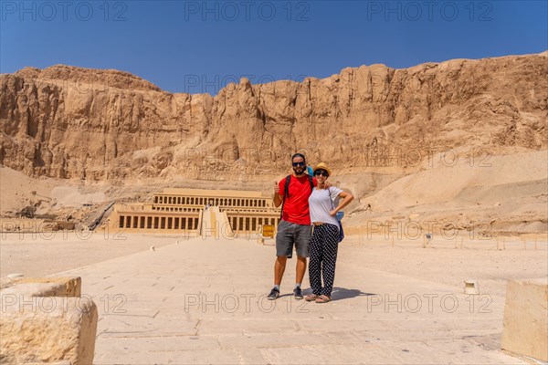 A couple at the Funerary Temple of Hatshepsut in Luxor on the return from Tourism to Egypt after the coronavirua pandemic