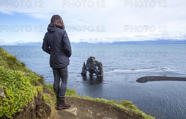 A woman in stone dinosaur in the sea at Hvitserkur