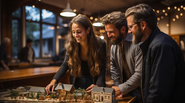 Real estate agent discussing with a young adult couple A new housing development model on the table in front of them. generative AI