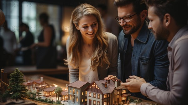 Real estate agent discussing with a young adult couple A new housing development model on the table in front of them. generative AI