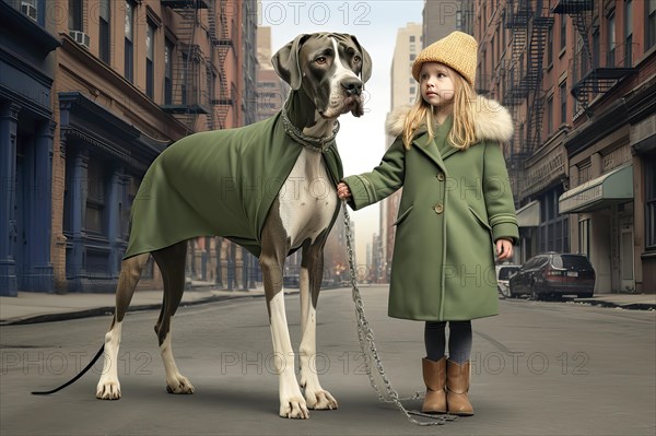 Three years old girl wearing green winter clothes leading on a leash a huge Great Dane in an urban environment