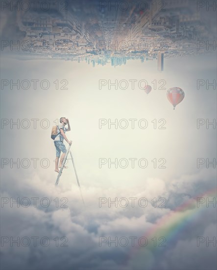 Surreal scene with a man climbing a ladder above the clouds. Wonderful adventure scene