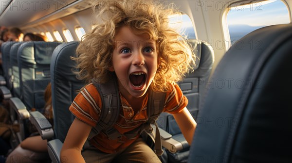 Irate child causing mayhem on an airplane bothering everyone on board. generative AI