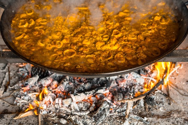 Firewood embers of the Valencian paella with embers and vegetables. Traditional Spanish food