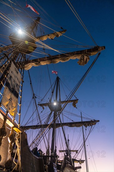 Detail of the old ship in the promenade of Muelle Uno in the Malagaport of the city of Malaga