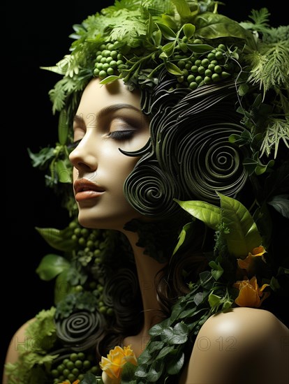 Headshot portrait of healthy woman surrounded by and partially made of fruits and vegetables