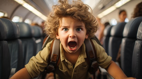 Irate child causing mayhem on an airplane bothering everyone on board. generative AI