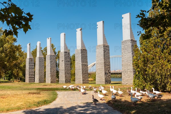 Nature and ducks at the Monument to the Seven Chairs next to the river in Merida