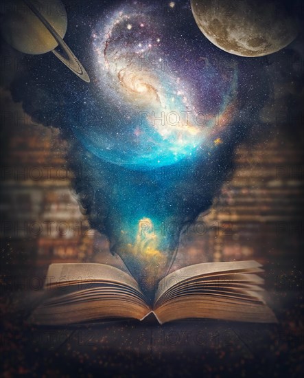 The world and universe inside a book surreal background. Educational and science concept with a magical open textbook casting a cosmic scene with galaxies