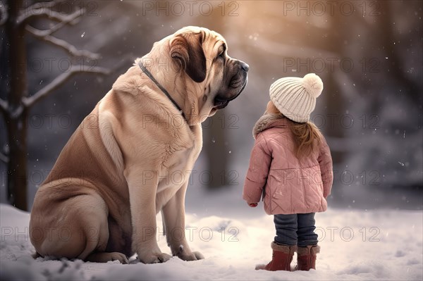 Three years old little girl wearing winter coat standing near a huge English Mastiff in a snowy forest environment with the dog looking down at the girl