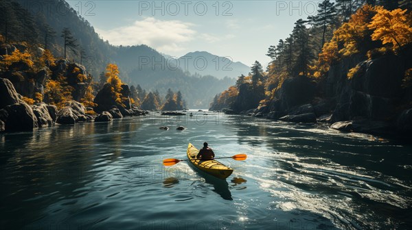 Kayaker paddling along a beautiful calm mountain river. generative AI