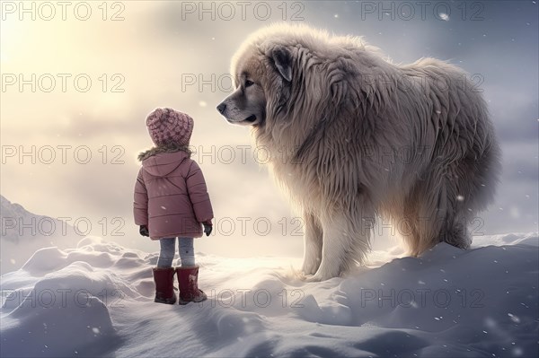 Three years old little girl wearing winter coat standing near a huge Serra da Estrela dog on a snowy mountain top