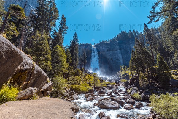 Landscape of Vernal Falls from the bottom one summer morning. California