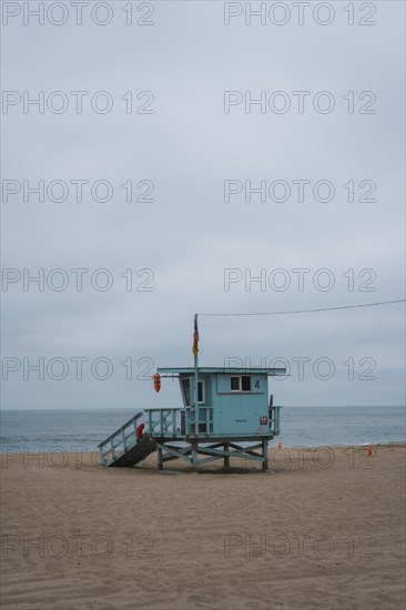 The beautiful blue lifeguard house on the coast of Malibu