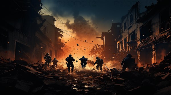 Soldiers with guns scrambling down the streets of a ravaged city amidst war. generative AI