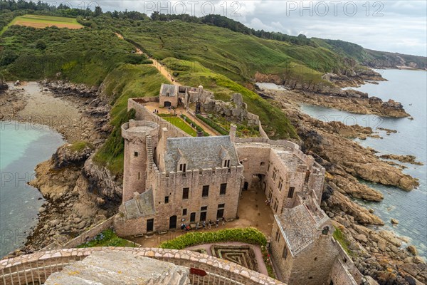 Aerial shot of Fort-la-Latte by the sea at Cape Frehel and near Saint-Malo