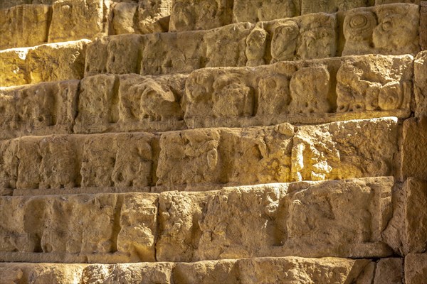Detail of the stairs full of drawings of the temples of Copan Ruinas. Honduras
