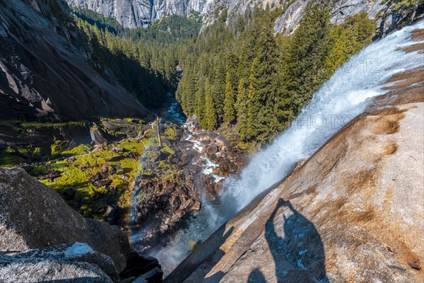 The strong water that comes down from the Vernal Falls waterfall. California