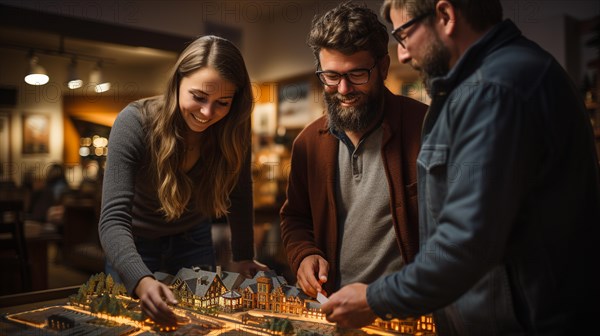 Real estate agent discussing with a young adult couple A new housing development model on the table in front of them. generative AI