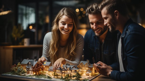 Real estate agent discussing with a young adult couple A new housing development model on the table in front of them. generative AI