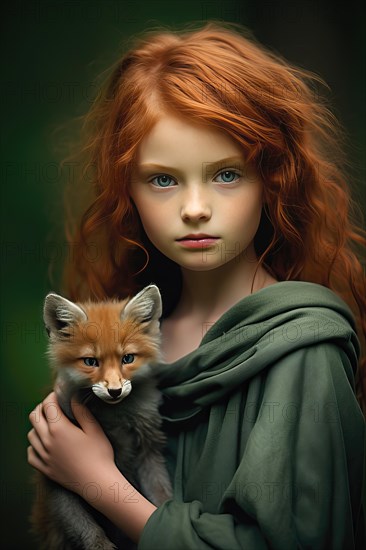 Pretty young girl with long red hair and green dress holding a red fox pet in her arms