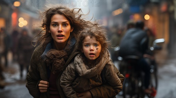 Frightened mother and young child daughter running in the streets of their war ravaged city. generative AI