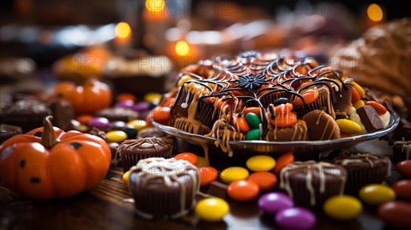 Variety of halloween candy treats on A table. generative AI