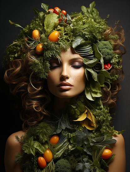 Headshot portrait of healthy woman surrounded by and partially made of fruits and vegetables