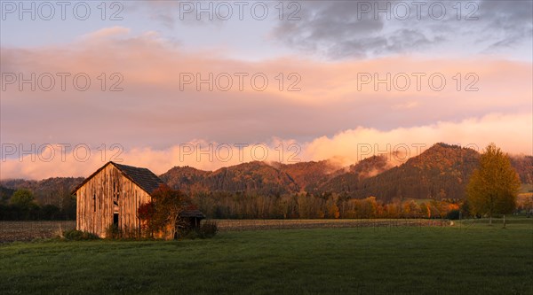 Landscape in the Allgaeu at sunset in autumn. View of the Adelegg mountain landscape